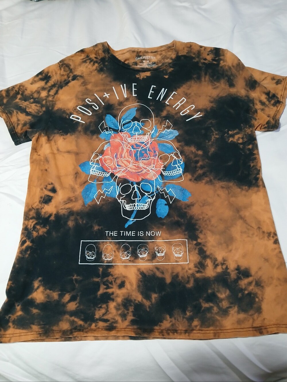 Chemistry "Positive Energy" Skulls & Rose Orange & Black Tie Dye TShirt Size Med